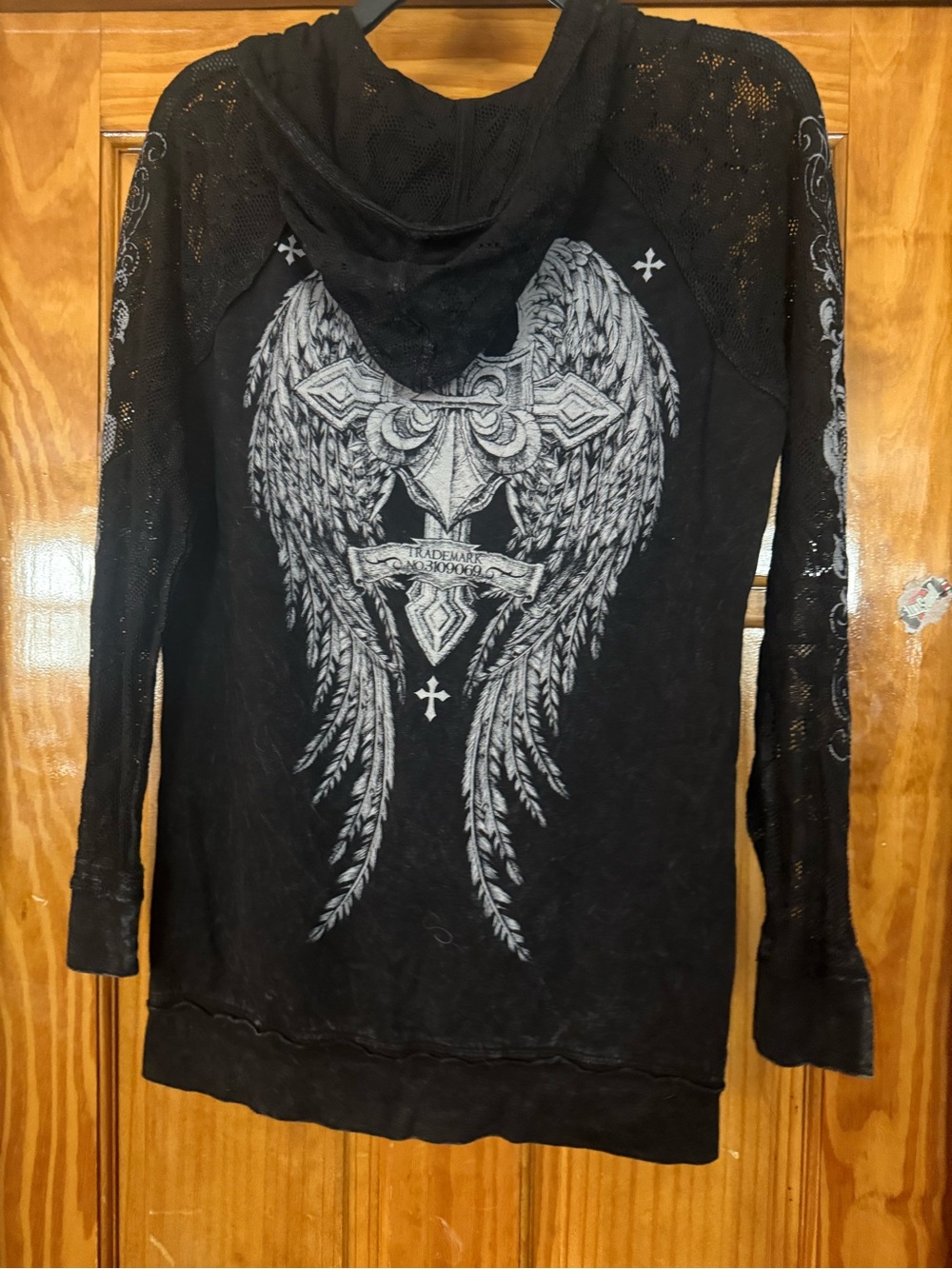 Affliction Black Long-Sleeve Hooded Tee with Silver Wing Cross Graphic